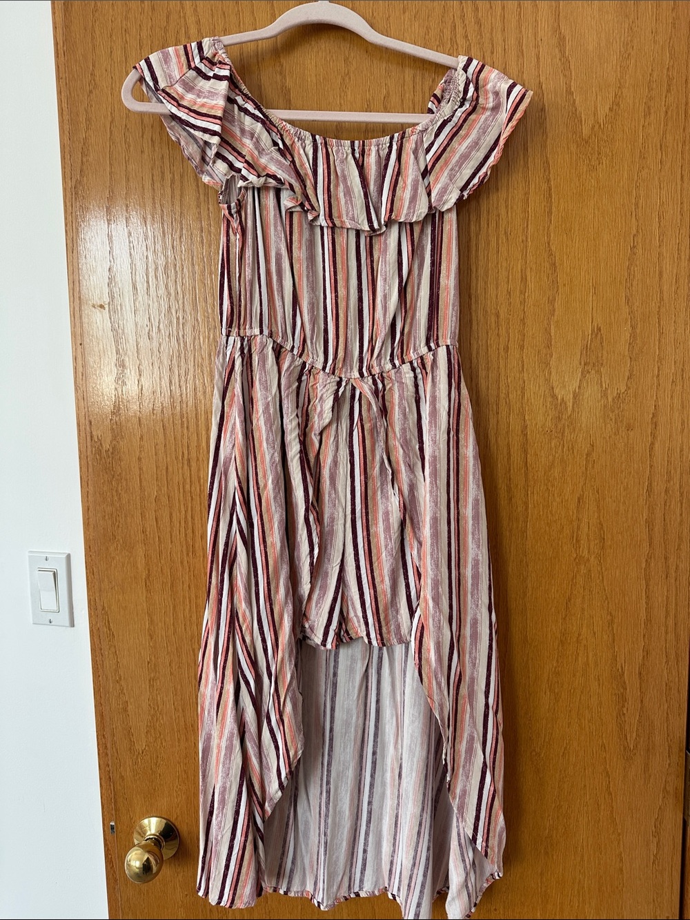 Striped Off-Shoulder Hi-Low Dress in Rust and Cream